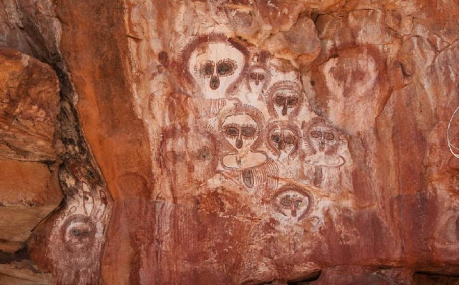 Wandjina rock art on the Barnett River, Mount Elizabeth Station, Australia.