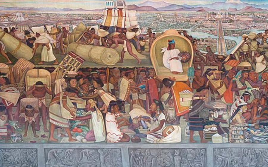Aztec daily life seen in the Mural of the Aztec market of Tlatelolco by Diego Rivera. Palacio Nacional, Mexico City. Source: Diego Rivera/CC BY-SA 3.0