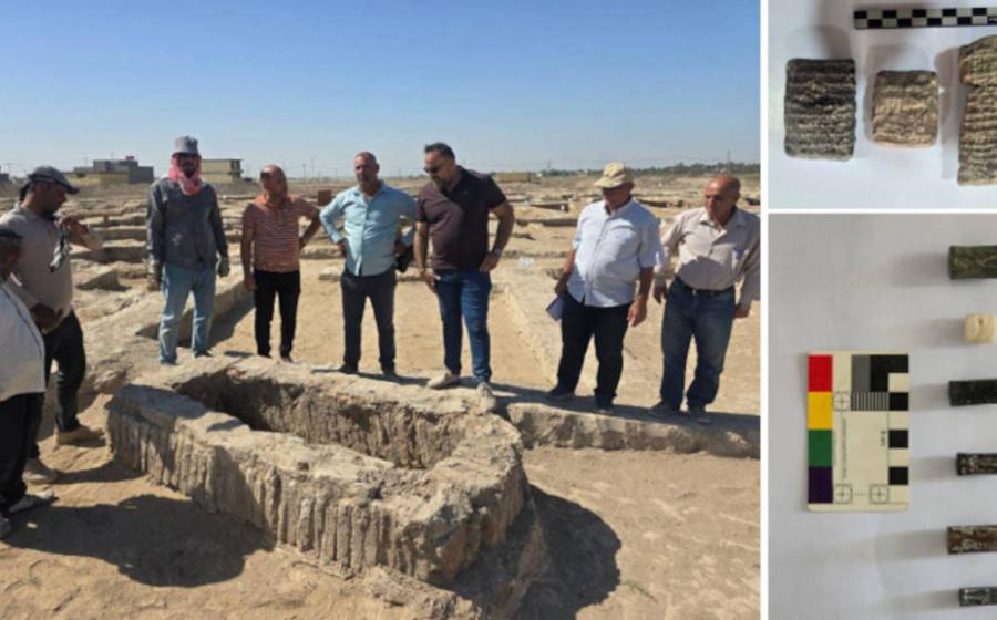 Left; Officials examine a trough-like feature at the site. Right; Seals and cuneiform tablets. 