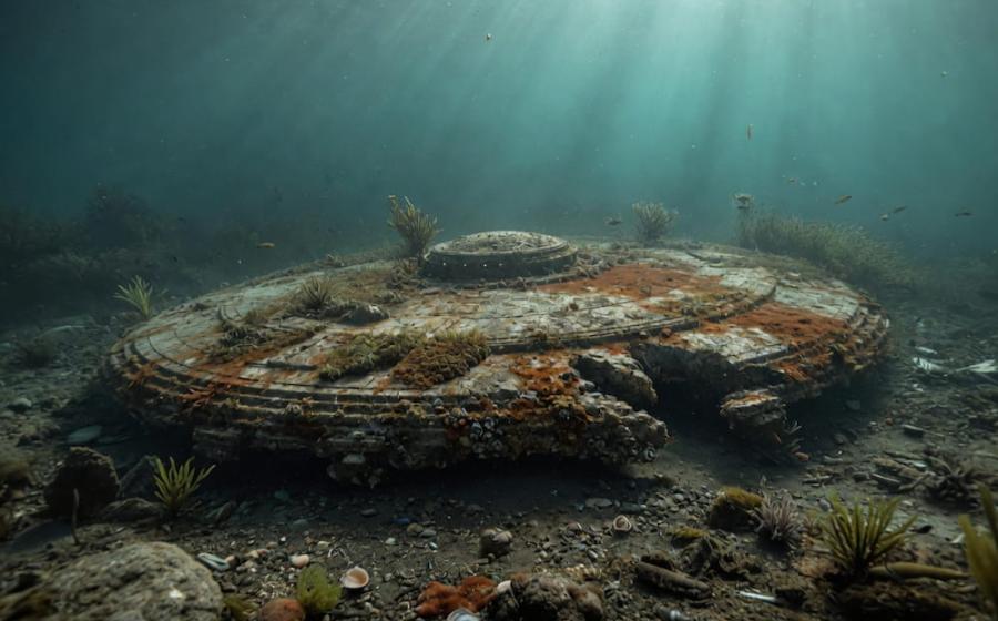 This photorealistic illustration depicts the mysterious circular object on the Baltic Sea floor, heavily encrusted and eroded as if it has rested there for millions of years. The image is an artistic rendering based on descriptions and scans from the Ocean X expedition.