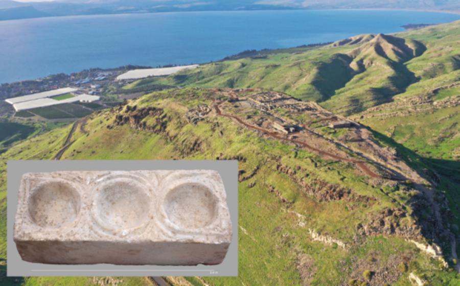Aerial view of the Hippos Sussita excavation site on the mountain overlooking the Sea of Galilee. Inset; Marble block featuring three hemispheric cavities.