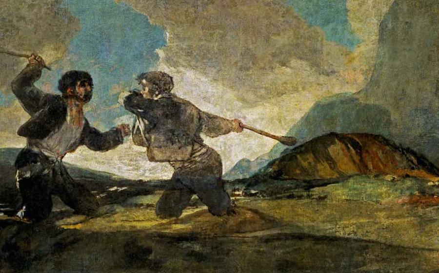 Fight with Cudgels by Francisco de Goya, circa 1820, resembles a bataireacht brawl   Source: Public Domain