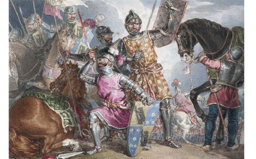 Three key players in the Battle of Towton, the Earl of Warwick, Edward IV and Richard III are depicted in a painting by John Augustus Atkinson (1775-18833). 