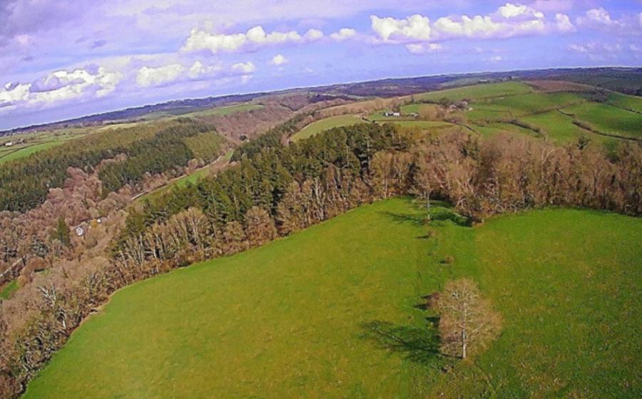Castle Hill, Devon, potential location of the Battle of Cynuit, aerial view taken by drone.  
