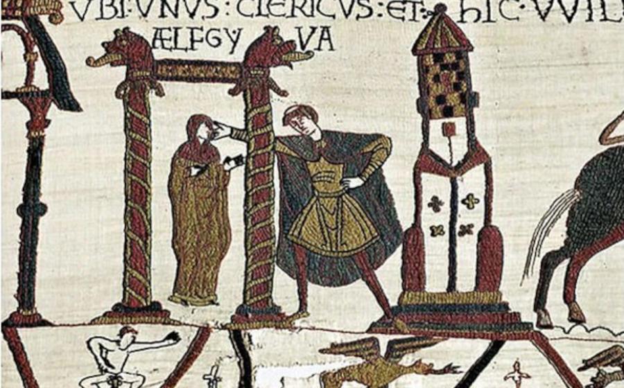 Scene 15 of the Bayeux Tapestry shows Ælfgyva, a cleric and a nude man in the lower border.