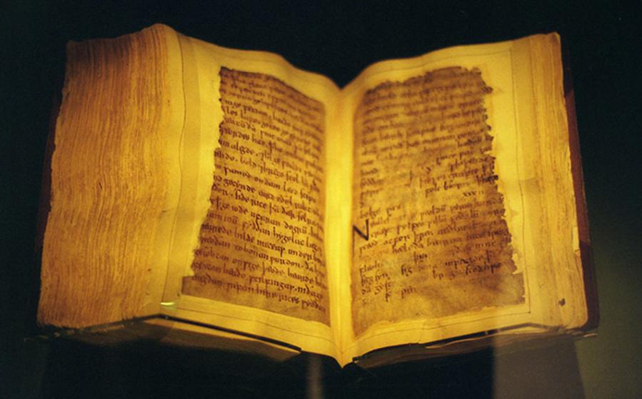 The codex, opened to a page of Beowulf 