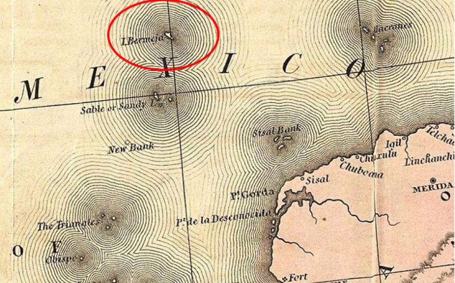 Old map showing the Mexican phantom island Bermeja