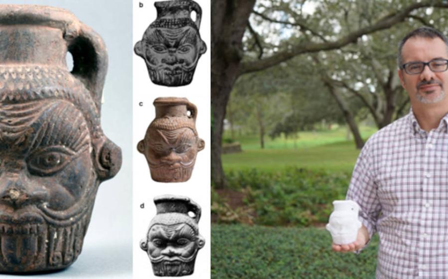 Left; Drinking vessel in shape of Bes head; El-Fayūm Oasis, Egypt. Right; Prof. Tanasi with the 3D digital model of the mug.