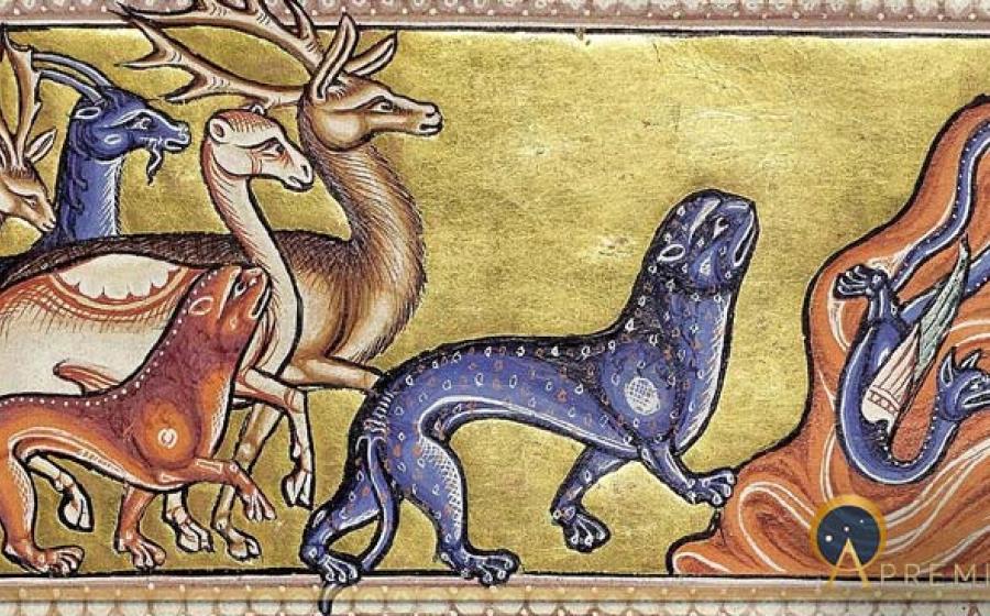 Deer, antelope and predators. Aberdeen Bestiary (12th century) (Public Domain)