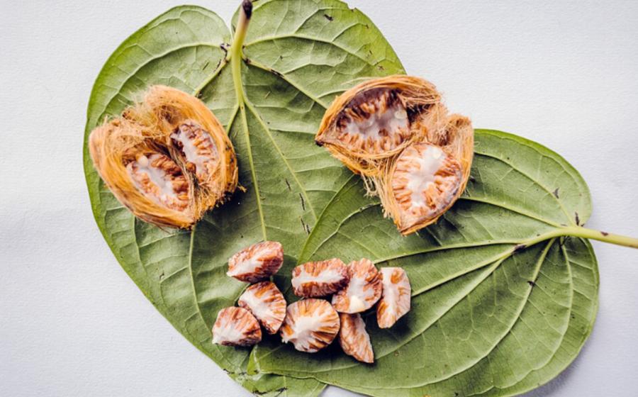 An opened Betel Nut on a leaf.