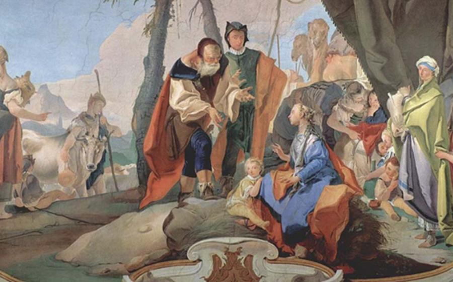 Fresco by Giovanni Battista Tiepolo of Rachel sitting on the idols. 