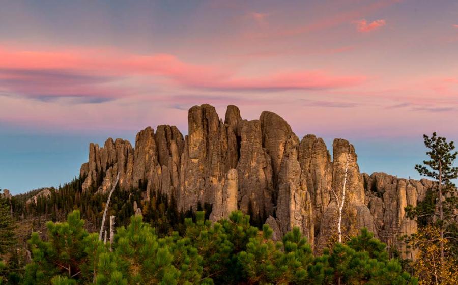 Landscape of Cathedral Spires at sunset, Custer State Park, Black Hills, South Dakota. Source: Danita Delimont / Adobe Stock.