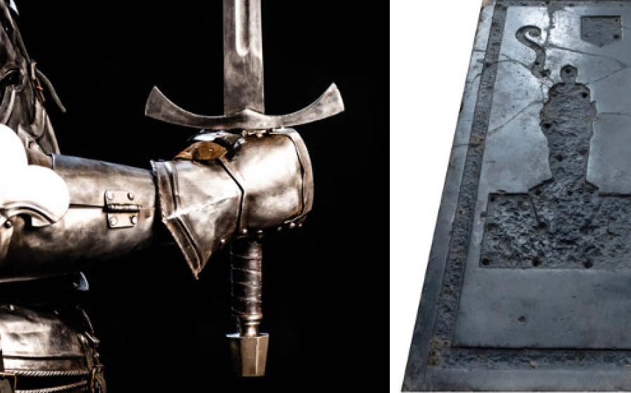 Top image: Left; Knight in armor, Right; Jamestown Knight tombstone.