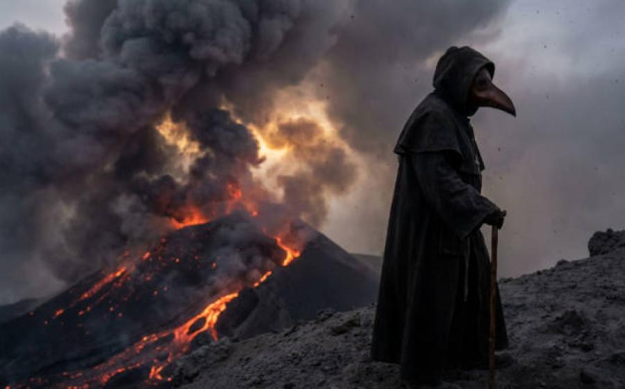 A volcanic eruption with a Plague Doctor.