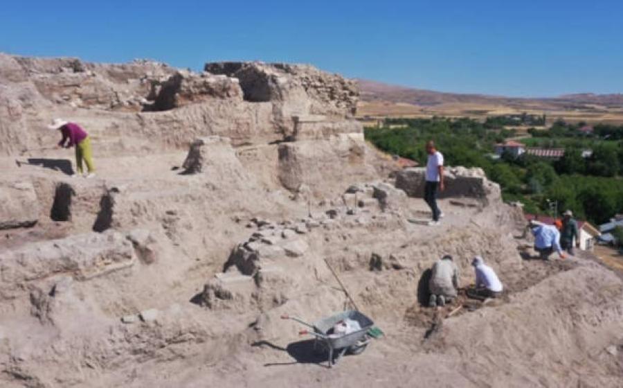 Archaeological excavation of the 6,000-year-old temple complex showing the blood channel and altar at Tadım Mound