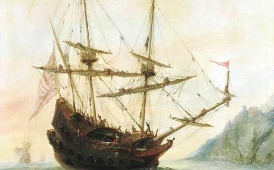 A painting of a Portuguese ship in the water