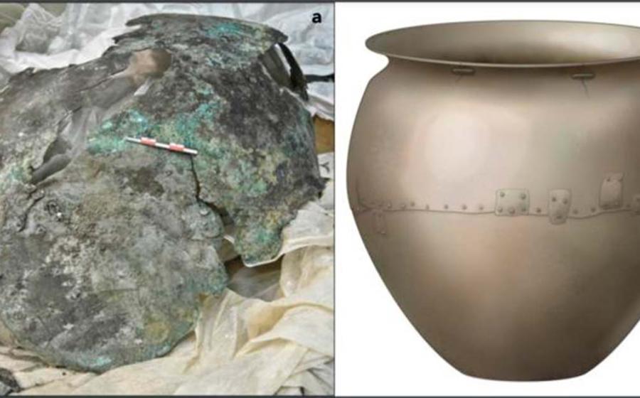 (a) Photograph of the cauldron and what is left today. (b) artistic reconstruction of the cauldron as it would have looked when in use. Source: Wilkin et al. / iScience