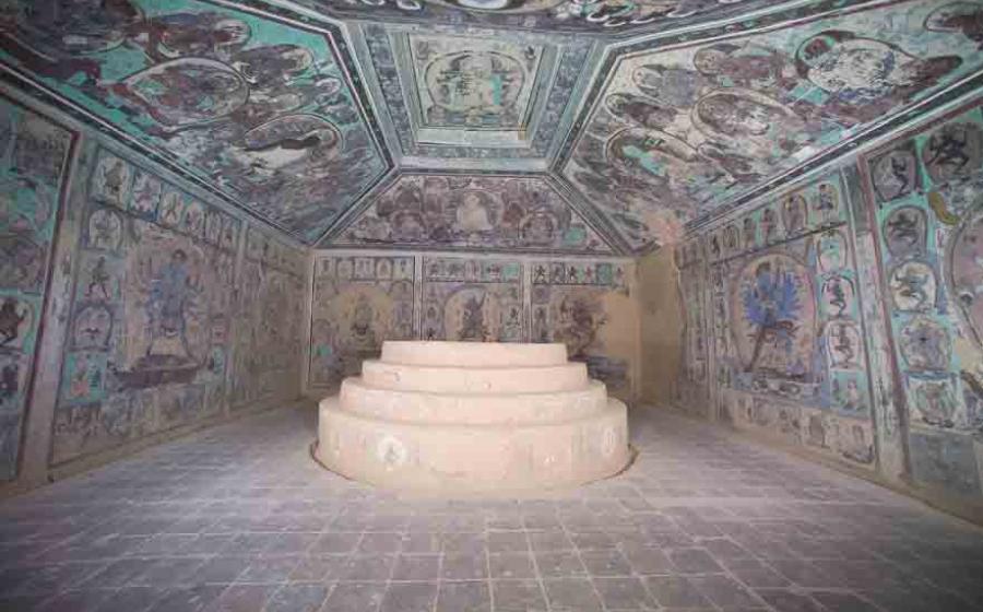 The ancient wall paintings inside Buddhist cave temple “Cave 465,” located near Dunhuang about 932 miles (1500 km) west of present-day Beijing. 