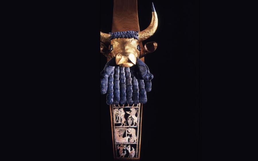 Left: Front angle of the reconstructed Bull Headed Lyre found in the Sumerian Royal Tombs of Ur in Mesopotamia, c. 2500 BC. Source: Penn Museum