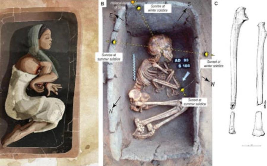 Burial S166 showing the adolescent female with severed arm positioned over ches