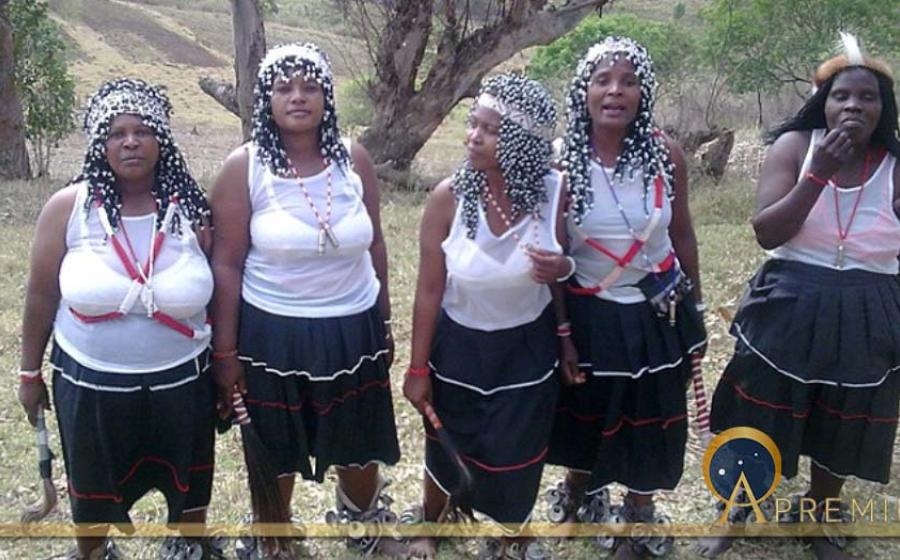 Five sangomas at an Umgido Ceremony in Zululand (Wizzy/ CC BY-SA 3.0)