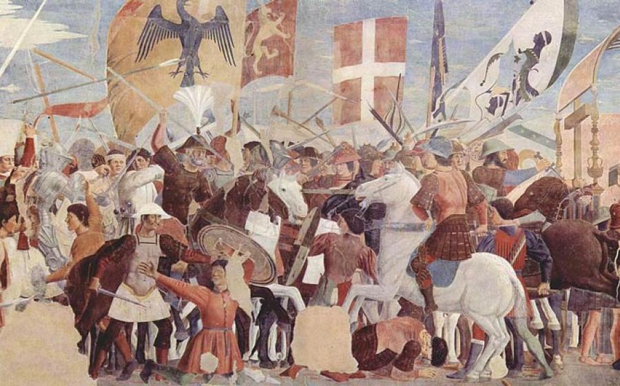 Anachronistic painting by Piero della Francesca of the Battle of Nineveh (627) between Heraclius' Byzantine army and the Sasanians under Khosrow II, which was pretty much the end of the Byzantine–Sasanian War.		Source: Piero della Francesca / Public domain