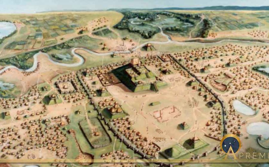 A painting of Cahokia Mounds State Historic site by William R. Iseminger. Source: William R. Iseminger