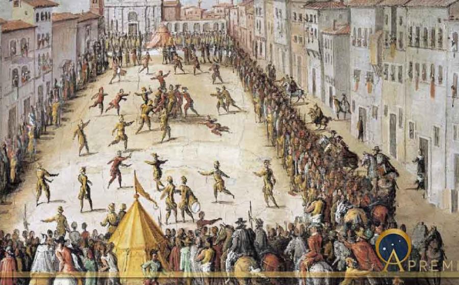 Calcio match in Piazza Santa Maria Novella, in Florence. Painting by Jan Van der Straet. Source: Public Domain