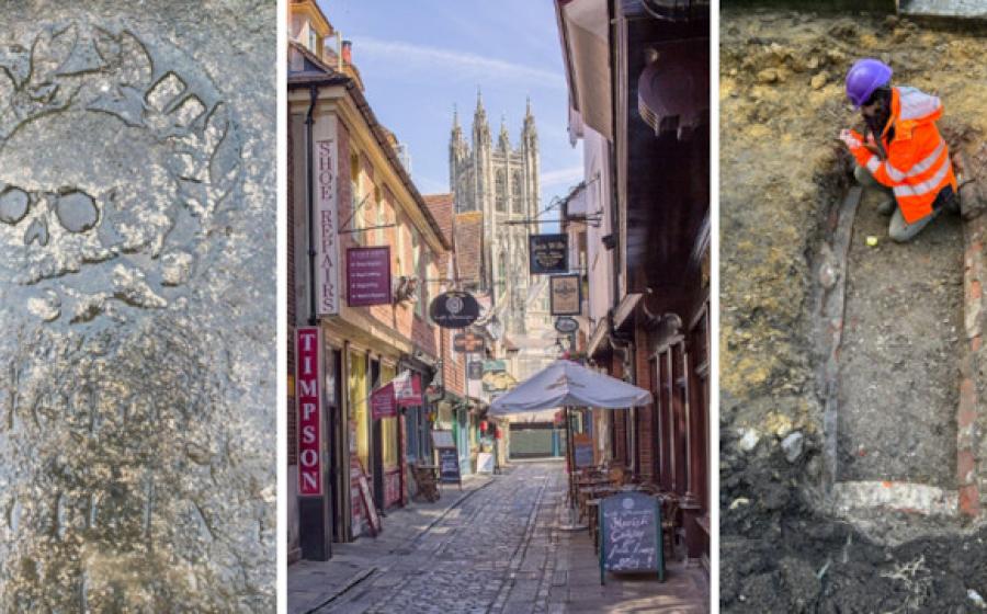 Left, skull engraved gravestone, center, Butchery Lane, Canterbury, Right, The vault under excavation.