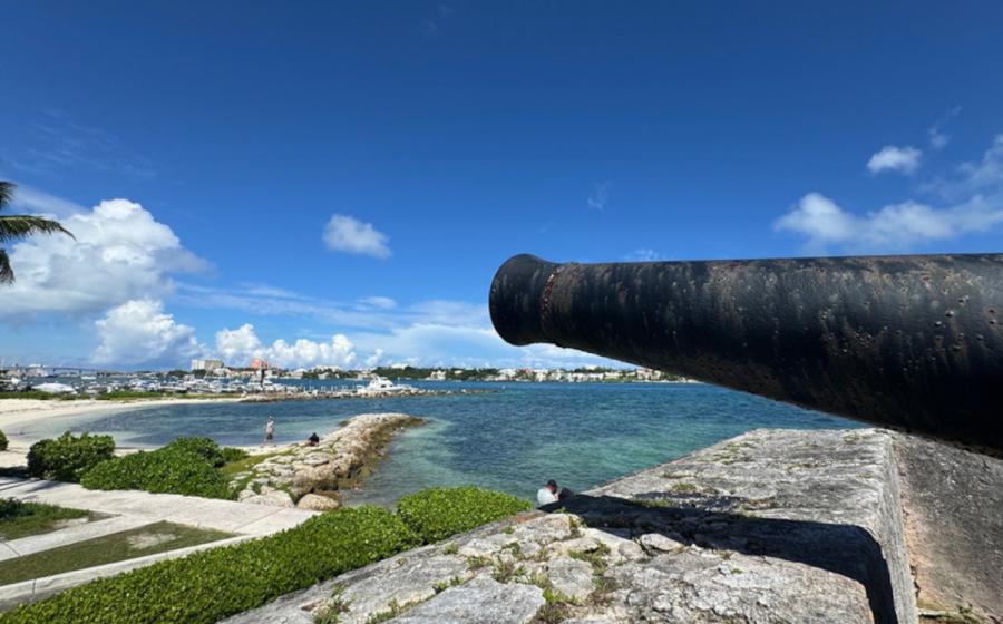 A cannon in Fort Montagu protects the entrance to Nassau's pirate harbor at New Providence Island in the Bahamas