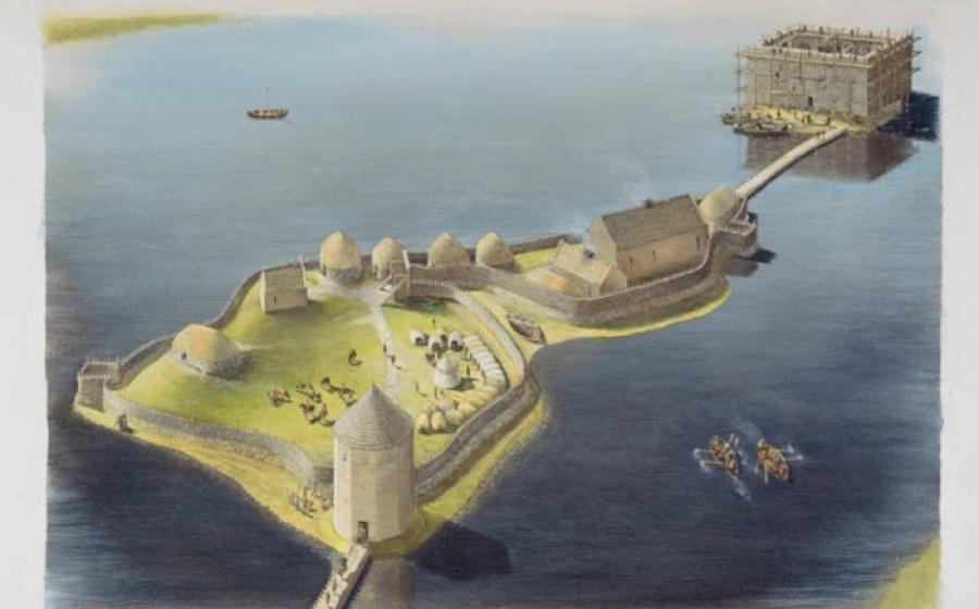 Artists impression of Finlaggan Castle, Isle of Islay, Scotland