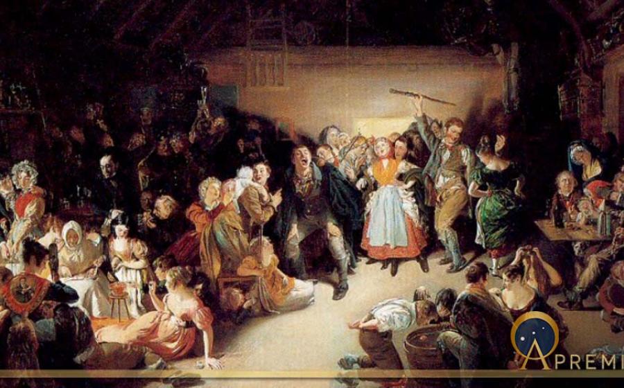 Snap-Apple Night (1833) by Daniel Maclise, shows people playing divination games on 31 October (Samhain) in Ireland, reminiscent of The Morrígan, goddess of fate (Public Domain)