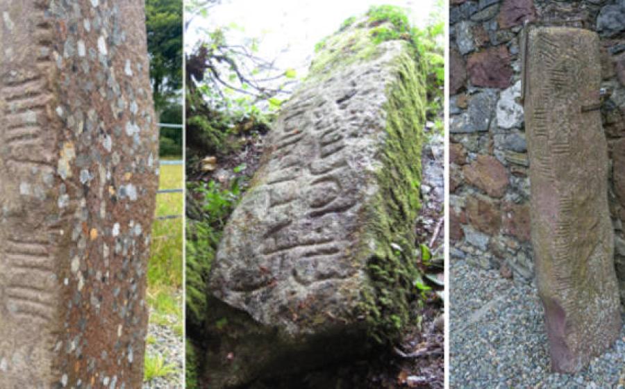Ogham inscriptions on ancient stones from Ireland and Cornwall.