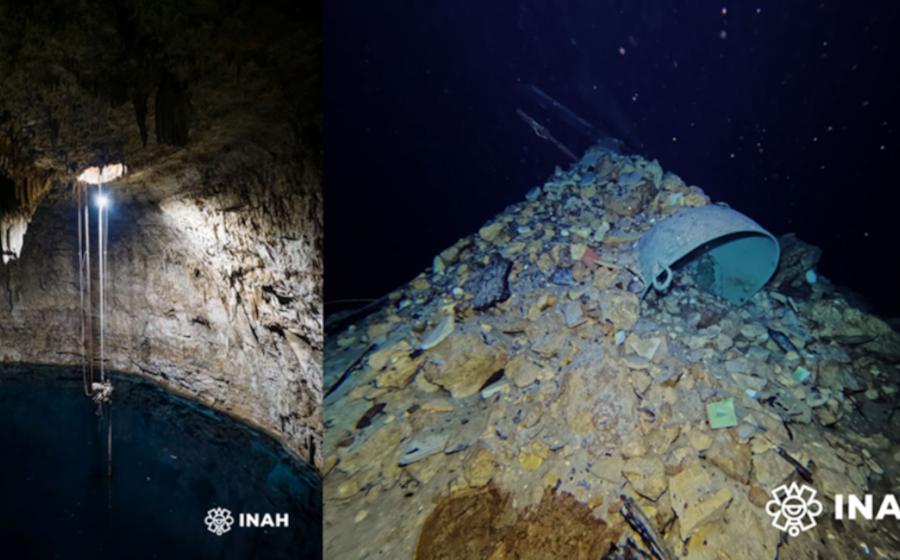 The cenote and pile of discarded items in the cenote.