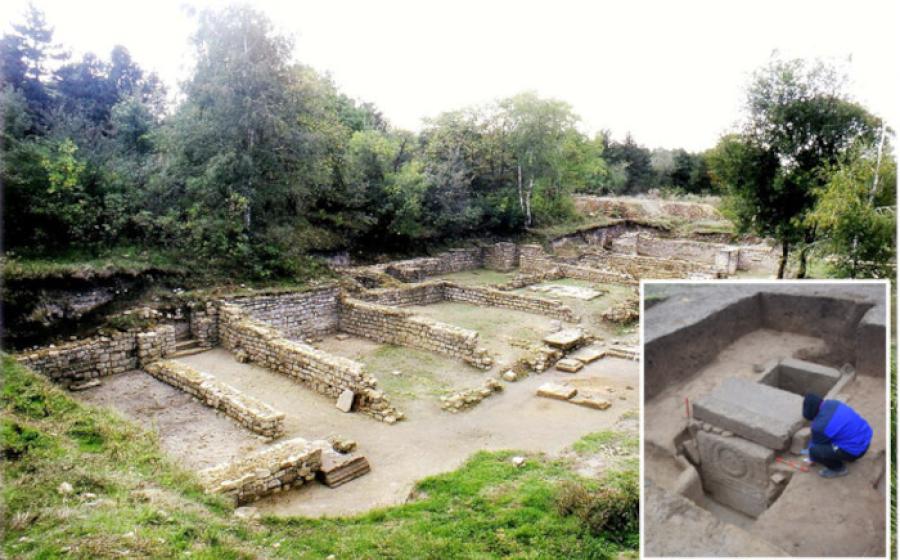 Roman legionary headquarters (principia) at Novae, Bulgaria.  Inset; Centurion’s Tombstone repurposed in a cist grave