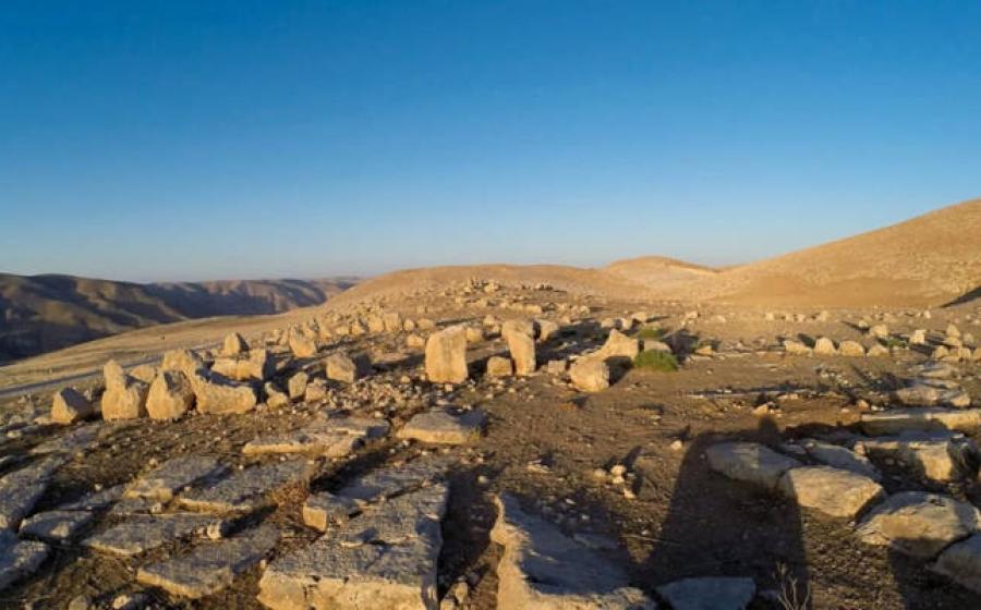 Ceremonial gathering site in Murayghat, Jordan, showing different lines of standing stones. 
