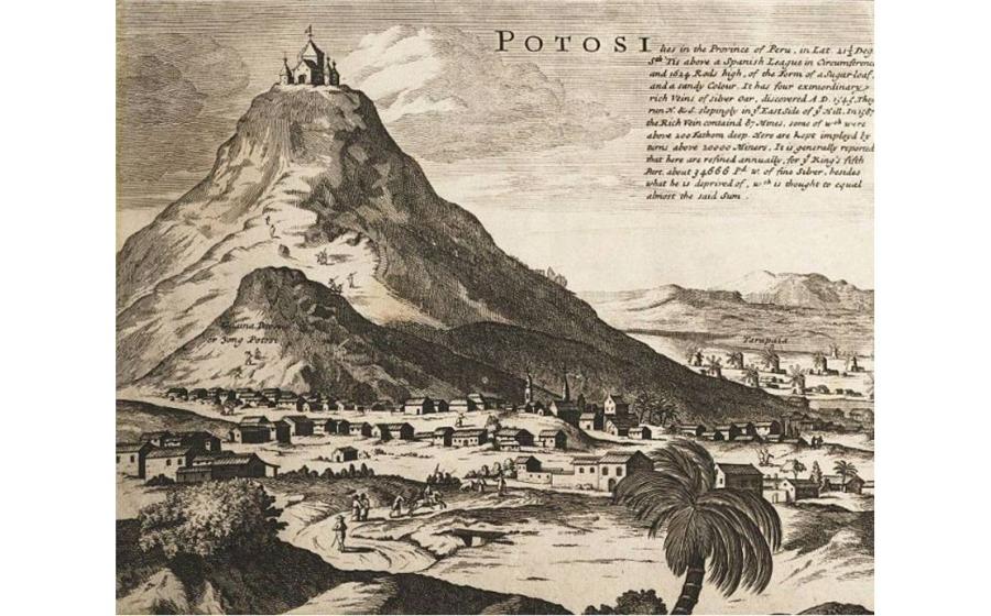 Cerro Rico de Potosí as depicted in 1715, a possible origin of the Sierra de la Plata myth. 