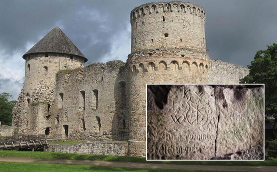 Main: Cēsis Castle in Latvia (CC by SA 3.0). Inset: Inscription found at Cēsis Castle. Inset: Alens Opolskis