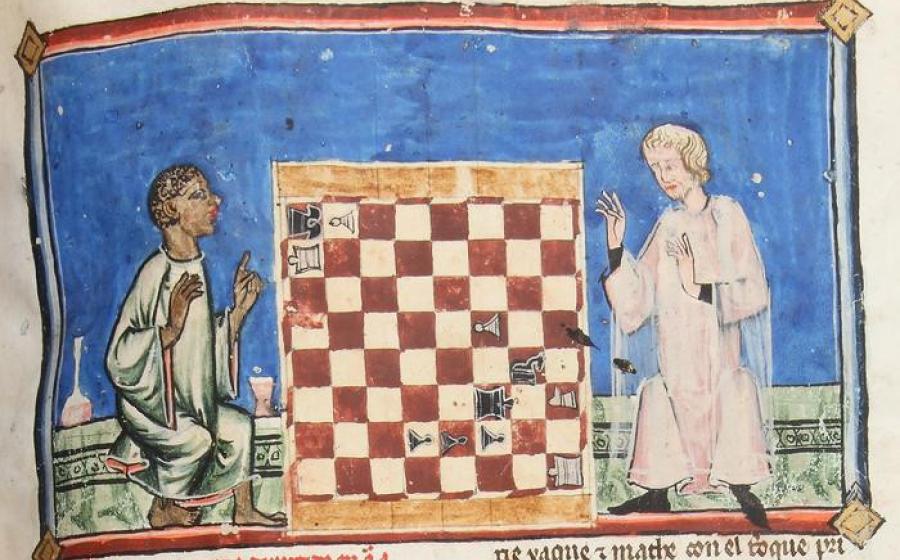 A Black chess player about to win against a light-skinned cleric. Chess problem 88 in the Libro de axedrez,