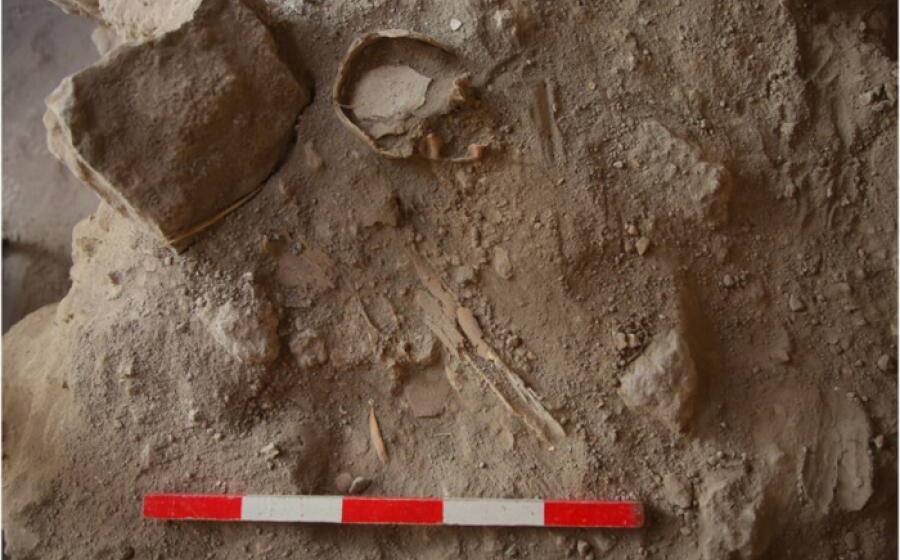 The upper half of one of the dozens of children’s skeletons found in the cistern in Azekah