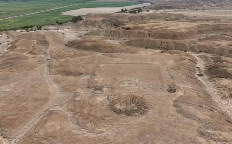 Aerial view of stone platform and rectangular plaza documented at Chicama. 
