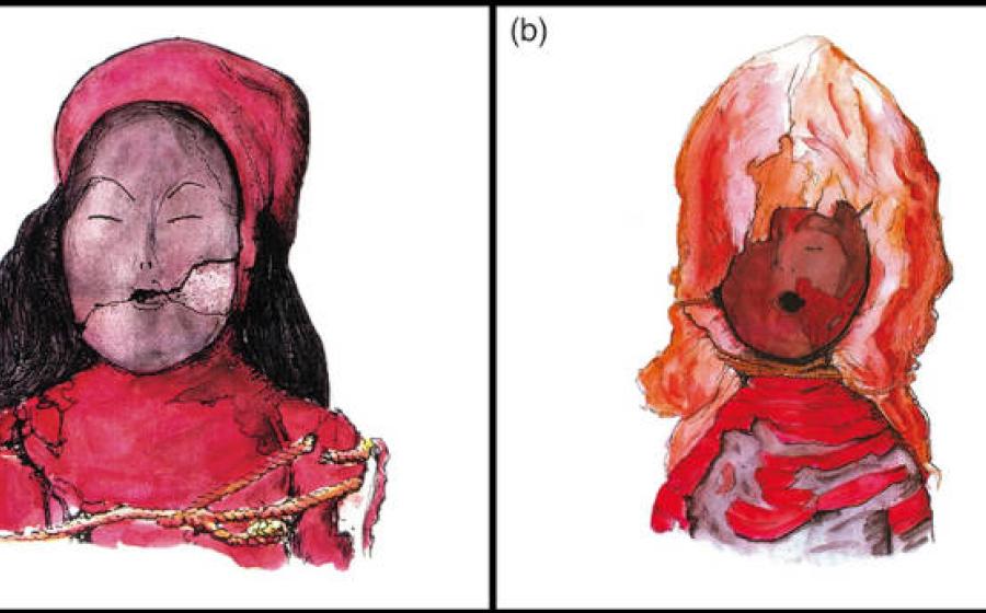 Watercolors of red (left) and bandage (right) style Chinchorro child mummies.