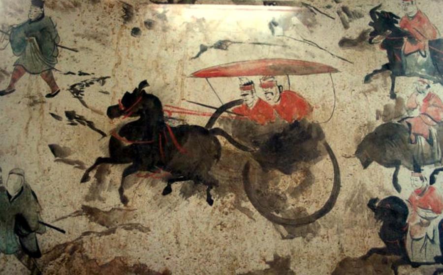 A section of a Chinese Eastern Han Dynasty (25–220 AD) fresco of 9 chariots, 50 horses, and over 70 men, from a tomb in Luoyang, China, which was once the capital of the Eastern Han. 