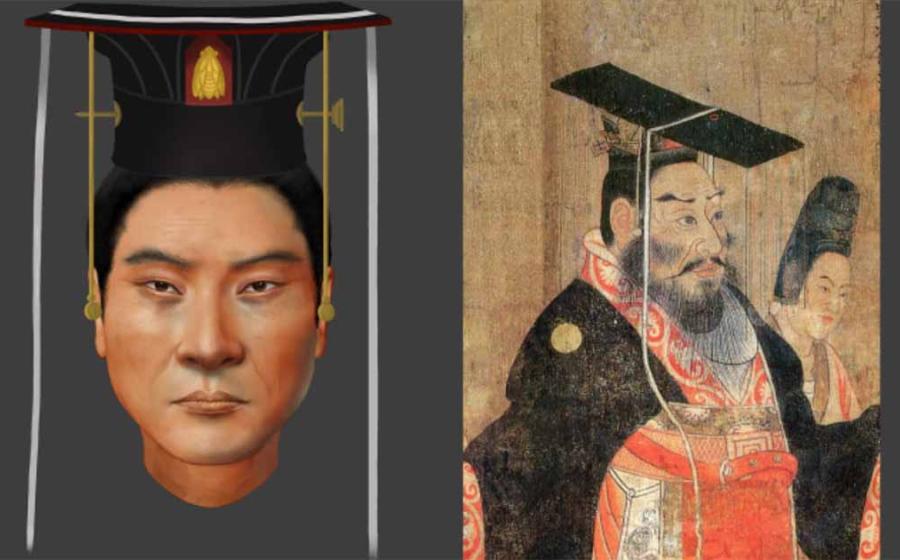 Not quite like the painting: the reconstructed face of Chinese Emperor Wu using DNA extracted from his remains, and the portrait of Emperor Wudi in the Thirteen Emperors Scroll. Source: Pianpian Wei / Current Biology.