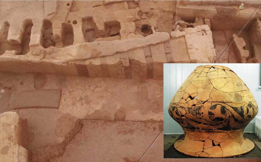 The Nanzuo site in Qingyang, Northwest China's Gansu Province. (China's National Cultural Heritage Administration) Insert: A painted clay jar unearthed at the Nanzuo site this year. (CHINA DAILY)