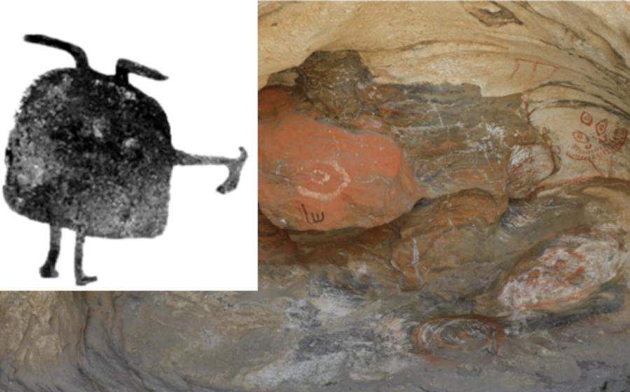 Frontal photographs of the Tangbaletasi Cave Paintings. Inset, sketch of Bell-shaped anthropomorphic motifs associated with the Chemurchek Culture.