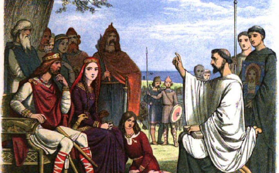 St Augustine of Canterbury preaches to Aethelberht of Kent during Christianization of Anglo-Saxon England 	Photo source: James William Edmund Doyle / Public domain	