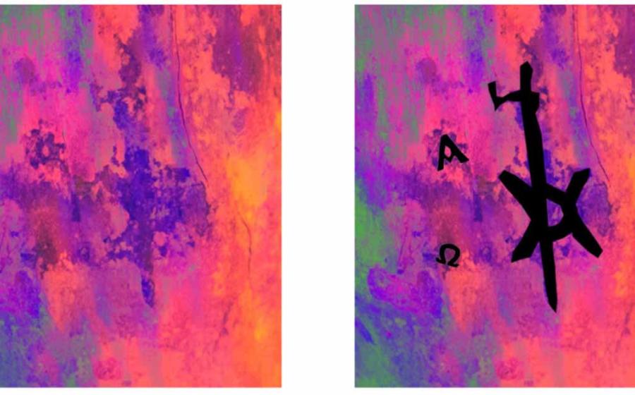 Images of the Christogram tattoo on the dorsal (top) side of the right foot. Picture was taken with a full spectrum camera and digital enhanced using ImageJ software with a DStretch plugin. Source: Kari A. Guilbault/PCMA UW 