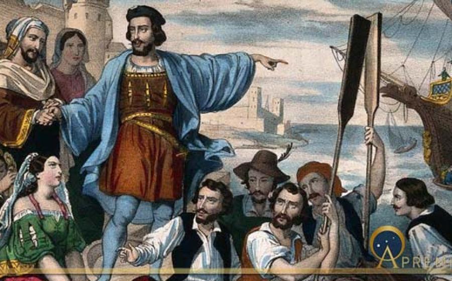 Christopher Columbus, surrounded by a crowd of people, is about to embark on his ship, August 1492. (Wellcome Images / CC BY-SA 4.0)