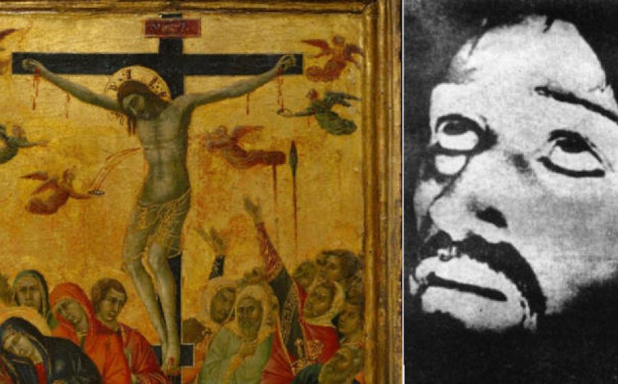 Left; The Crucifixion by André d'Ypres / Dreux Budé Master (before 1440), Getty Centre. Right; Alleged image of Christ from the chronovisor.  